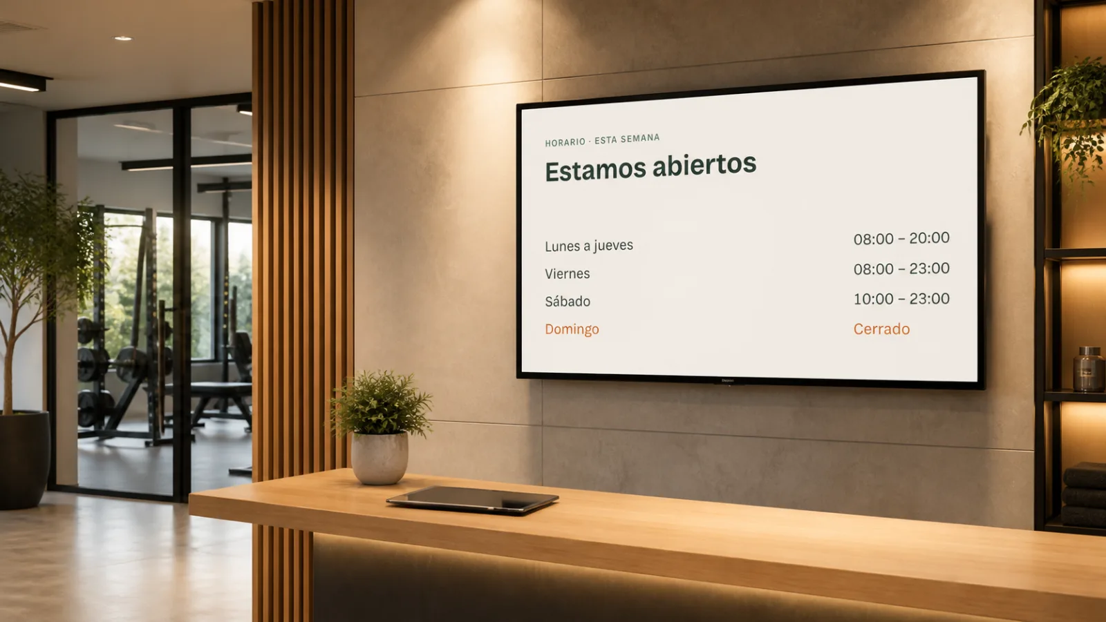 Televisor mostrando horario semanal del negocio