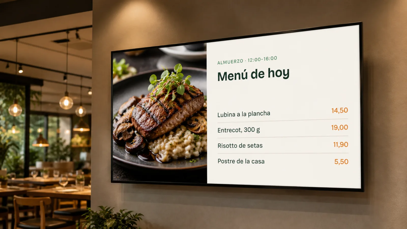 Televisor mostrando un menú digital de restaurante